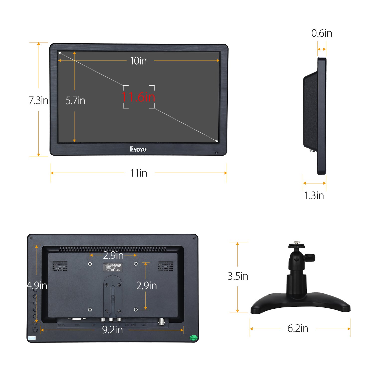 Eyoyo 12 inch HD 1920x1080 IPS LCD HDMI Monitor Screen Input Audio Video Display with BNC Cable for PC Computer Camera DVD Security CCTV DVR Home Office Surveillance