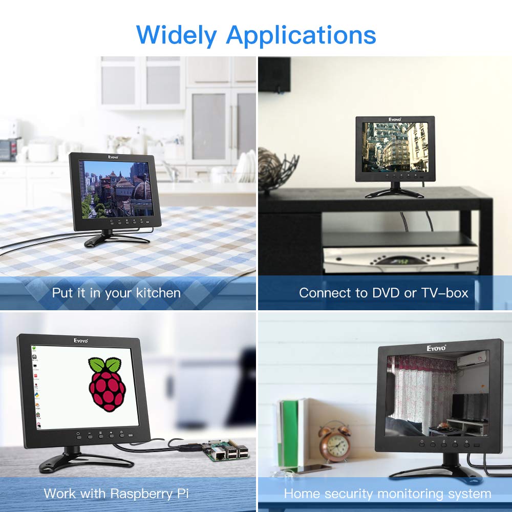 Eyoyo 8 inch HDMI Small TV Monitor, 1024x768 LCD IPS Screen Kitchen TV Support TV/HDMI/VGA/USB/AV Input w/Remote Control Built-in Loudspeakers Compatible with DVD PC CCTV Security System Raspberry Pi