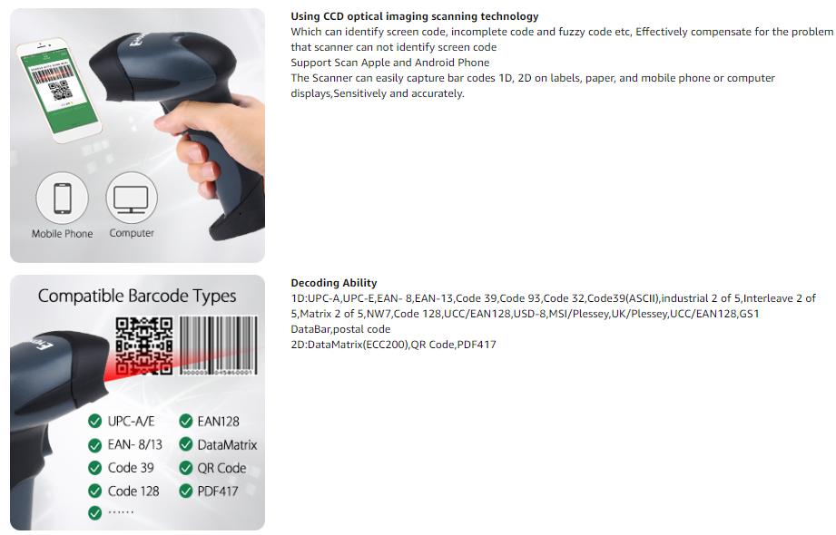 QR Barcode Scanner Eyoyo Wired Handheld 1D 2D USB CCD Barcode Reader For Mobile Payment Computer Screen Scan