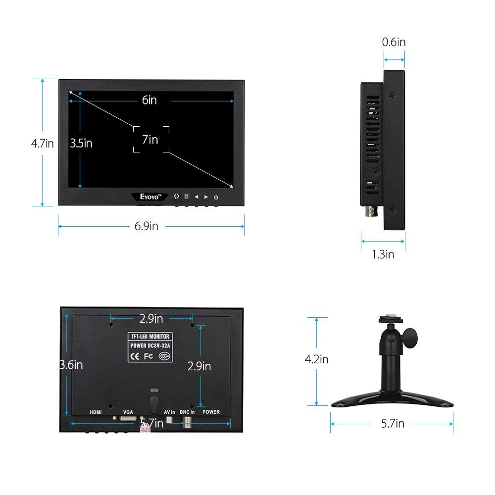 Eyoyo 7 Inch Mini Small TFT LCD Full HD Monitor Portable Display Screen 1024x600 with HDMI BNC VGA AV Input Eyoyo 7 Inch Mini Small TFT LCD Full HD Monitor Portable Display Screen 1024x600 with HDMI BNC VGA AV Input