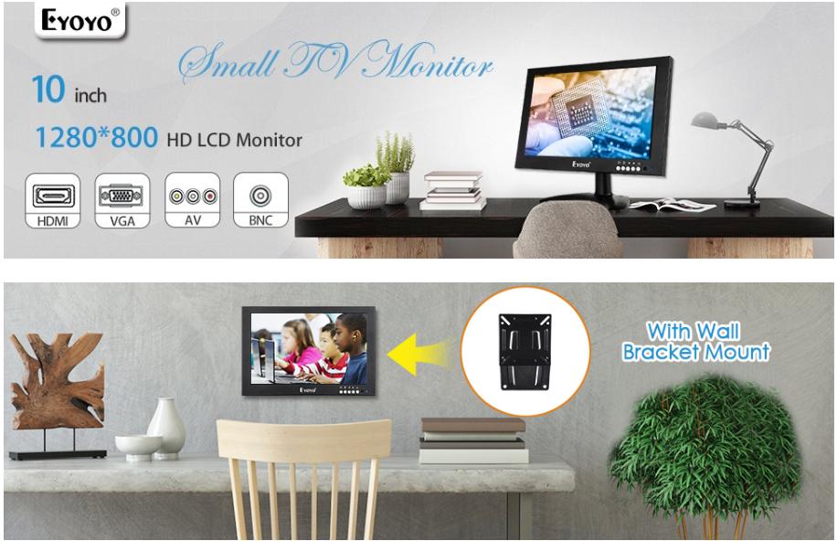 Eyoyo 10 Inch IPS Hdmi Monitor TFT LCD Display 1280x800 Resolution Portable Small HD Monitor with HDMI BNC VGA AV USB Input and Built-in Speaker for FPV Video Display Screen DVD PC Laptop