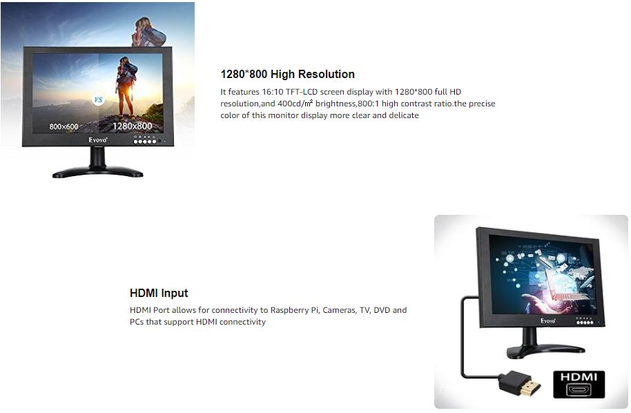 Eyoyo 10 Inch IPS Hdmi Monitor TFT LCD Display 1280x800 Resolution Portable Small HD Monitor with HDMI BNC VGA AV USB Input and Built-in Speaker for FPV Video Display Screen DVD PC Laptop