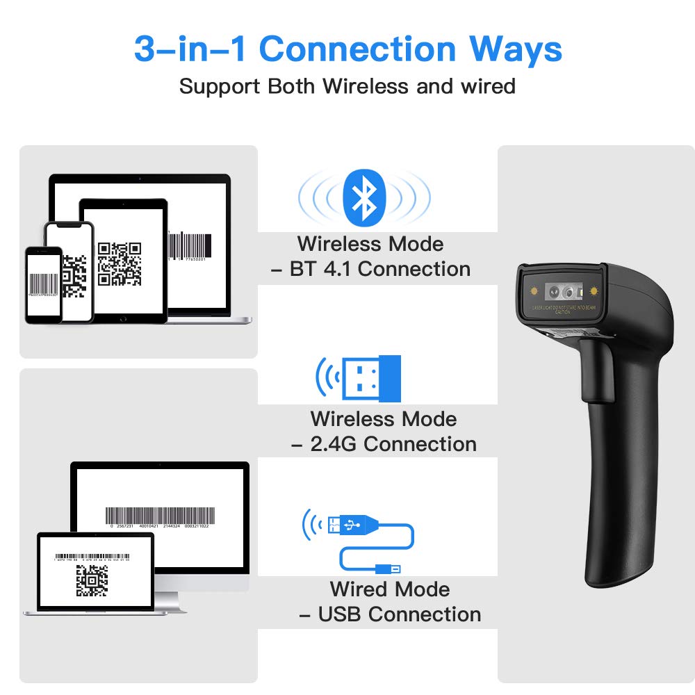 Eyoyo 1D 2D QR Bluetooth Handheld Barcode Scanner, 3-in-1 Bluetooth & 2.4G Dongle Wireless & Wired Connection, CCD PDF417 Data Matrix Bar Code Reader for iPad, iPhone, Android Phones, Tablets or Windows Eyoyo 1D 2D QR Bluetooth Handheld Barcode Scanner, 3-in-1 Bluetooth & 2.4G Dongle Wireless & Wired Connection, CCD PDF417 Data Matrix Bar Code Reader for iPad, iPhone, Android Phones, Tablets or Windows