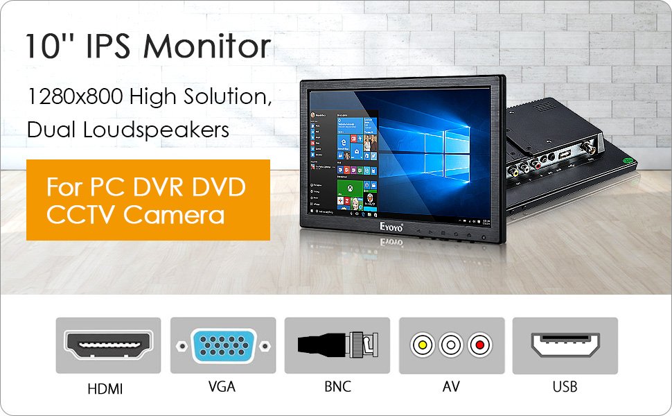 Eyoyo 10 Inch IPS LCD Monitor 1280x800 Resolution Support HDMI VGA BNC AV Input for PC TV Security display(10 inch)
