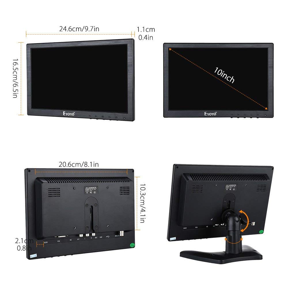 Eyoyo 10 Inch IPS LCD Monitor 1280x800 Resolution Support HDMI VGA BNC AV Input for PC TV Security display(10 inch)