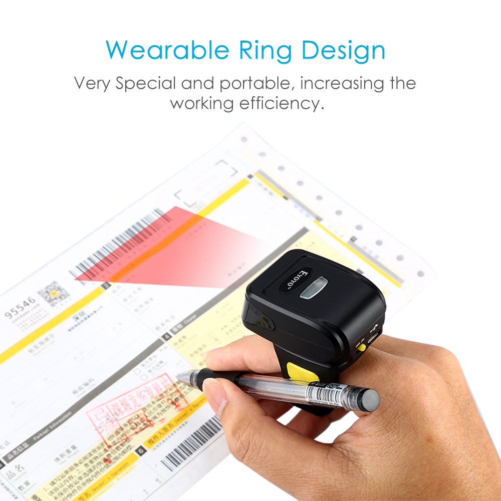 Portable Ring 1D 2D QR Barcode Scanner,Wearable Wireless Finger Mini Bar Code Reader Compatible for Windows, Mac OS, Android 4.0+, iOS Support Scan QR PDF417 DataMatrix on Screen and Paper