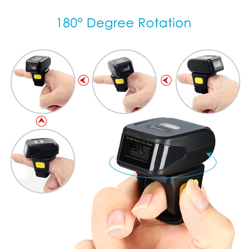 Portable Ring 1D 2D QR Barcode Scanner,Wearable Wireless Finger Mini Bar Code Reader Compatible for Windows, Mac OS, Android 4.0+, iOS Support Scan QR PDF417 DataMatrix on Screen and Paper