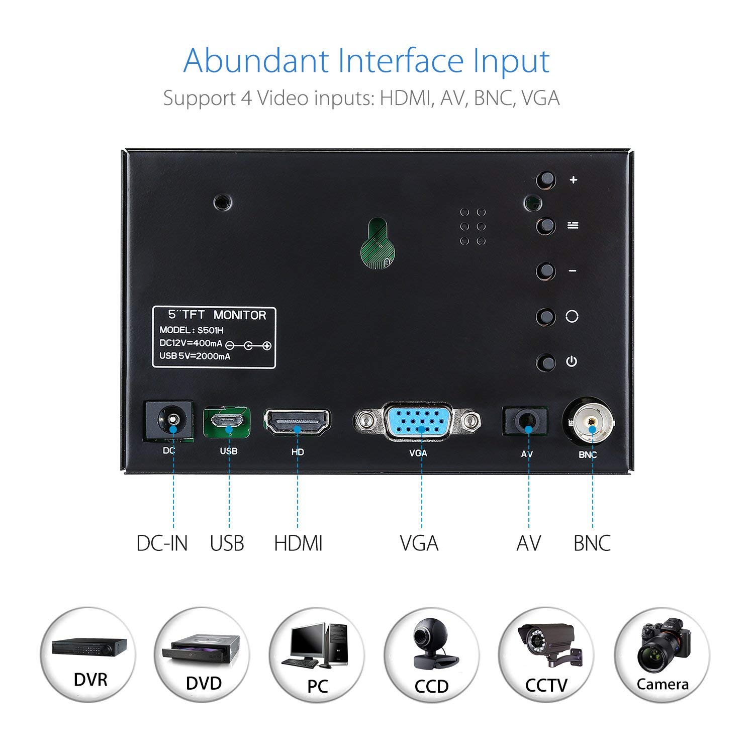 Eyoyo 5 inch Mini Monitor HD 800x480 16:9 TFT LCD Screen Display with BNC VGA AV HDMI Input, Built-in Speaker Eyoyo 5 inch Mini Monitor HD 800x480 16:9 TFT LCD Screen Display with BNC VGA AV HDMI Input, Built-in Speaker