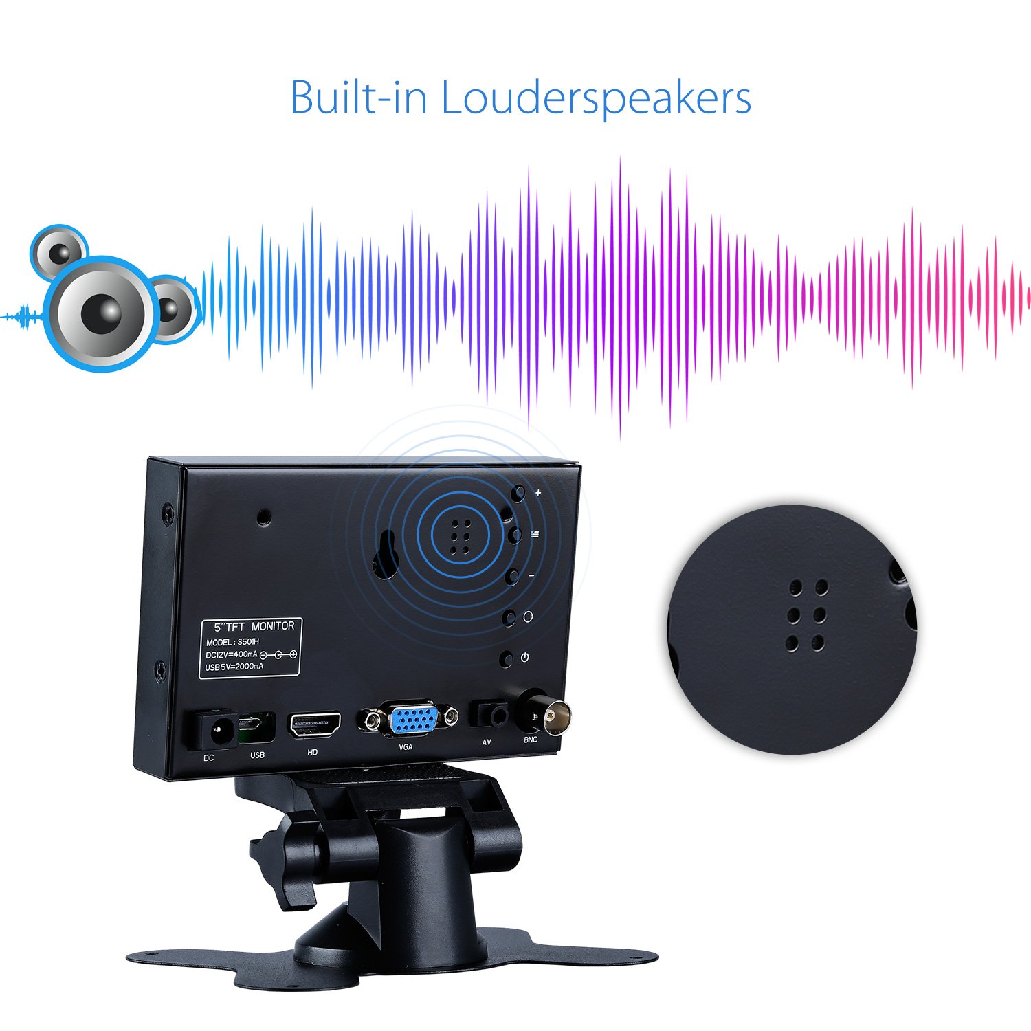 Eyoyo 5 inch Mini Monitor HD 800x480 16:9 TFT LCD Screen Display with BNC VGA AV HDMI Input, Built-in Speaker Eyoyo 5 inch Mini Monitor HD 800x480 16:9 TFT LCD Screen Display with BNC VGA AV HDMI Input, Built-in Speaker