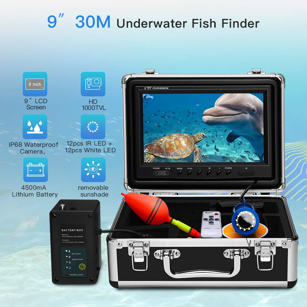 Eyoyo 9 Inch Underwater Fishing Camera Video Fish Finder HD 1000 TVL LCD Monitor Waterproof Camera Adjustable Infrared & White Light for Ice Lake Sea Boat Kayak Fishing 30m(98ft) Cable