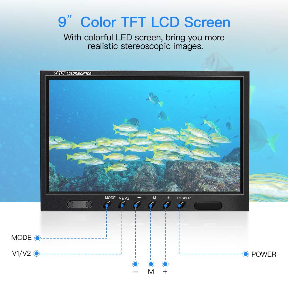Eyoyo 9 Inch Underwater Fishing Camera Video Fish Finder HD 1000 TVL LCD Monitor Waterproof Camera Adjustable Infrared & White Light for Ice Lake Sea Boat Kayak Fishing 30m(98ft) Cable