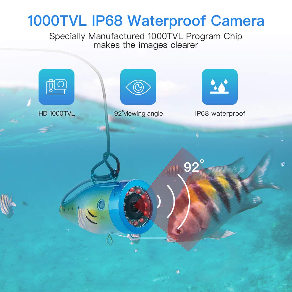 Eyoyo 9 Inch Underwater Fishing Camera Video Fish Finder HD 1000 TVL LCD Monitor Waterproof Camera Adjustable Infrared & White Light for Ice Lake Sea Boat Kayak Fishing 30m(98ft) Cable