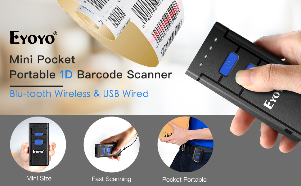 Eyoyo MJ2877 Bluetooth Barcode Scanner 1D Laser Portable USB Bluetooth 2.4G Wireless Barcode Reader Wireless Transfer Distance 