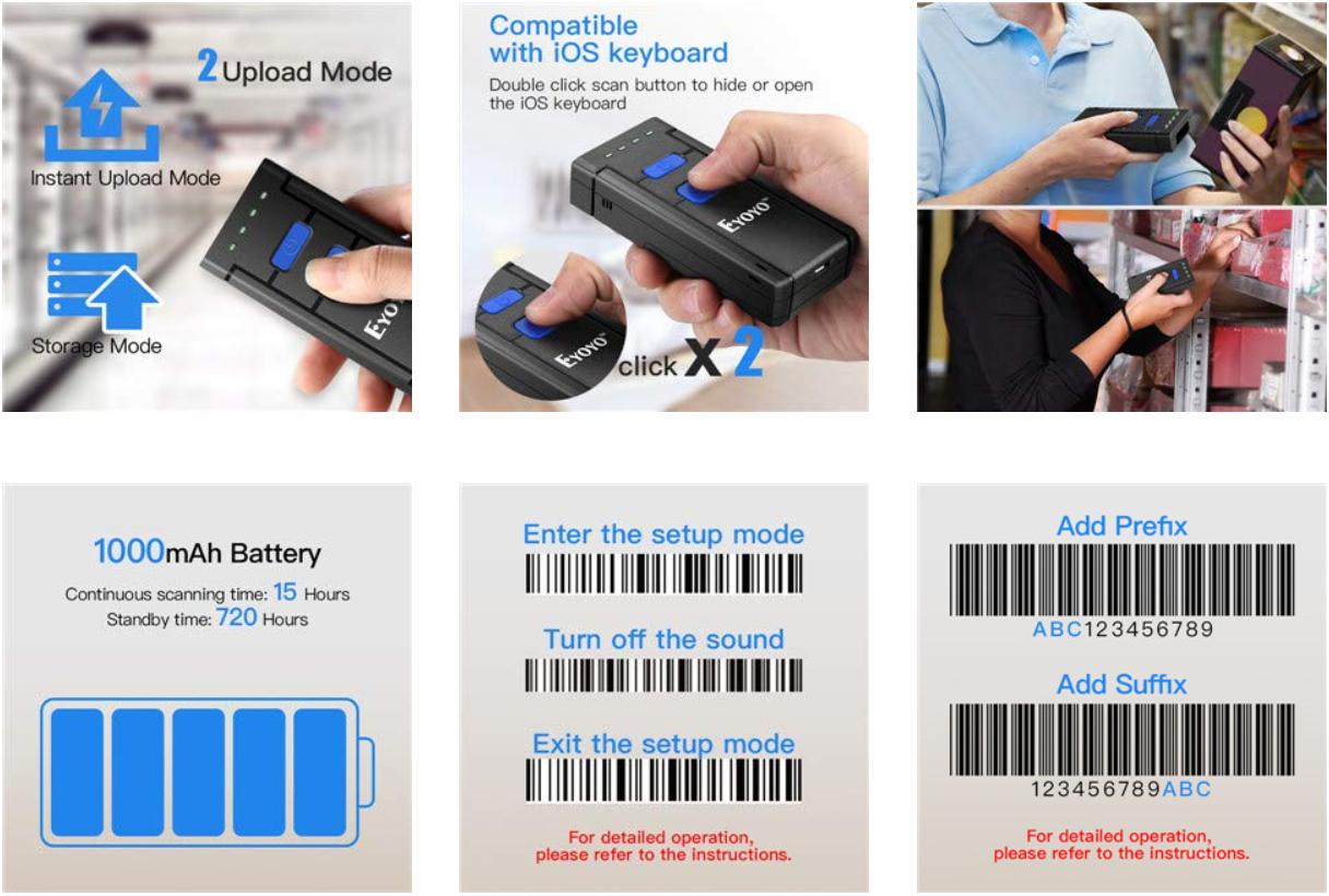 Eyoyo MJ2877 Bluetooth Barcode Scanner 1D Laser Portable USB Bluetooth 2.4G Wireless Barcode Reader Wireless Transfer Distance 